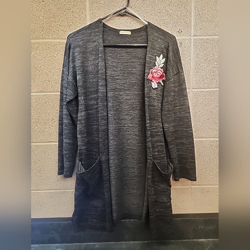 Yellow Chair Cardigan With Embroidered Floral Accent Grey Duster Small Polyester